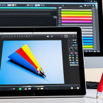 **Close-up of a color calibration probe attached to a monitor, measuring the screen's output. In the background, a variety of digital art tools (stylus, tablet, software interface). Focus on the technology and precision of color calibration. Style: clean, modern, slightly futuristic.**