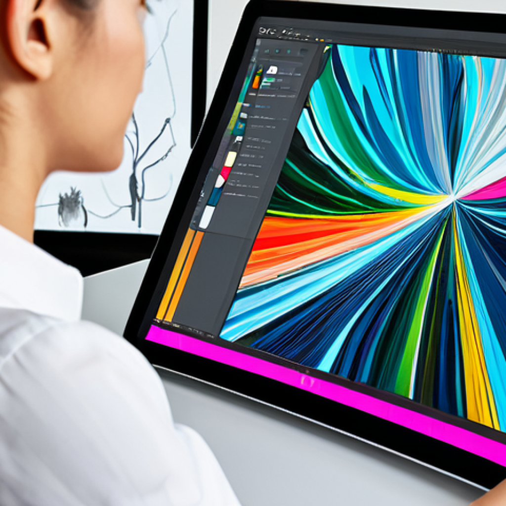 A focused professional digital artist, fully clothed in a modest, contemporary business-casual outfit, is actively engaged in creating digital artwork on a large, sleek digital drawing tablet in a bright, modern art studio. The tablet screen subtly displays a vibrant, abstract digital painting in progress, hinting at complex layers and diverse brush strokes. A high-resolution monitor in the background shows a clean, creative workspace. The scene emphasizes innovation and artistic precision. Perfect anatomy, correct proportions, natural pose, well-formed hands, proper finger count, natural body proportions. Professional photography, high quality, studio lighting, vivid colors, safe for work, appropriate content, family-friendly.