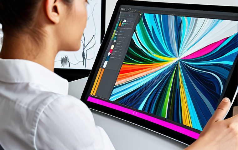 A focused professional digital artist, fully clothed in a modest, contemporary business-casual outfit, is actively engaged in creating digital artwork on a large, sleek digital drawing tablet in a bright, modern art studio. The tablet screen subtly displays a vibrant, abstract digital painting in progress, hinting at complex layers and diverse brush strokes. A high-resolution monitor in the background shows a clean, creative workspace. The scene emphasizes innovation and artistic precision. Perfect anatomy, correct proportions, natural pose, well-formed hands, proper finger count, natural body proportions. Professional photography, high quality, studio lighting, vivid colors, safe for work, appropriate content, family-friendly.