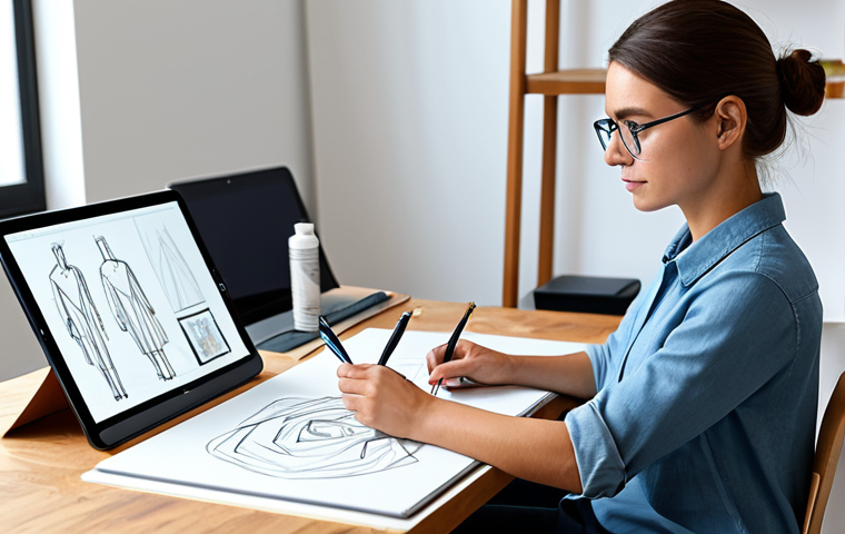 A professional female digital illustrator in a modest, smart casual outfit, deeply focused on drawing in a physical sketchbook, seated at a clean wooden desk in a modern, well-lit art studio. Her other hand rests near a sleek digital drawing tablet, symbolizing the blend of traditional and digital methods. The background shows art supplies neatly organized on shelves. fully clothed, appropriate attire, safe for work, perfect anatomy, correct proportions, well-formed hands, natural body proportions, natural pose, professional photography, high quality, professional content.