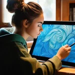 Home 15 디지털 일러스트 팬아트 제작 시 유의점 - **A Vibrant Creative Journey:** A young artist, early 20s, with expressive eyes and a determined but...