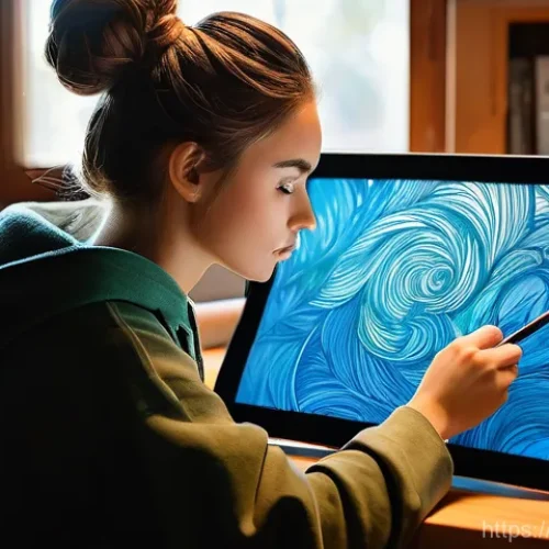 Home 27 디지털 일러스트 팬아트 제작 시 유의점 - **A Vibrant Creative Journey:** A young artist, early 20s, with expressive eyes and a determined but...