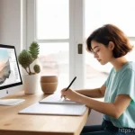 Home 13 디지털 일러스트 이직 준비 체크리스트 - **Prompt:** "A young, focused female digital artist, mid-20s, with short, stylish hair and wearing a...