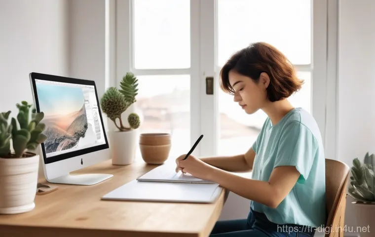 디지털 일러스트 이직 준비 체크리스트 - **Prompt:** "A young, focused female digital artist, mid-20s, with short, stylish hair and wearing a...