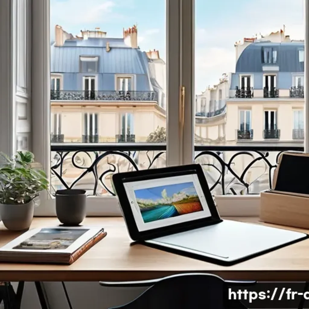 디지털 일러스트레이터로 이직 성공하기 - A cozy digital artist’s workspace in a modern Parisian apartment, featuring an iPad Pro with Procrea...