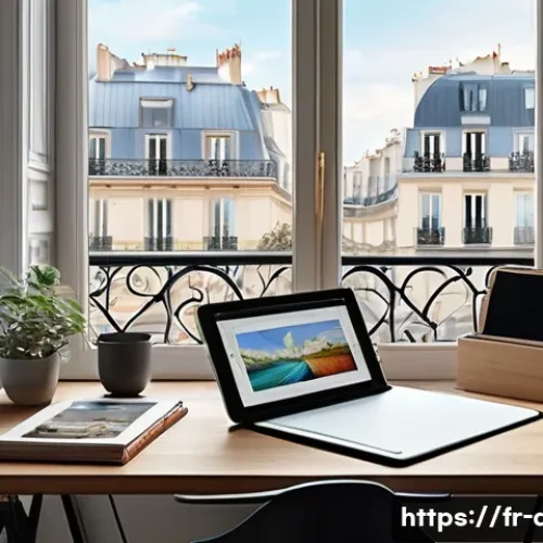 디지털 일러스트레이터로 이직 성공하기 - A cozy digital artist&rsquo;s workspace in a modern Parisian apartment, featuring an iPad Pro with Procrea...