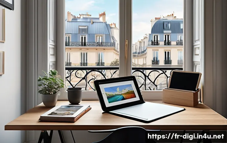 디지털 일러스트레이터로 이직 성공하기 - A cozy digital artist&rsquo;s workspace in a modern Parisian apartment, featuring an iPad Pro with Procrea...
