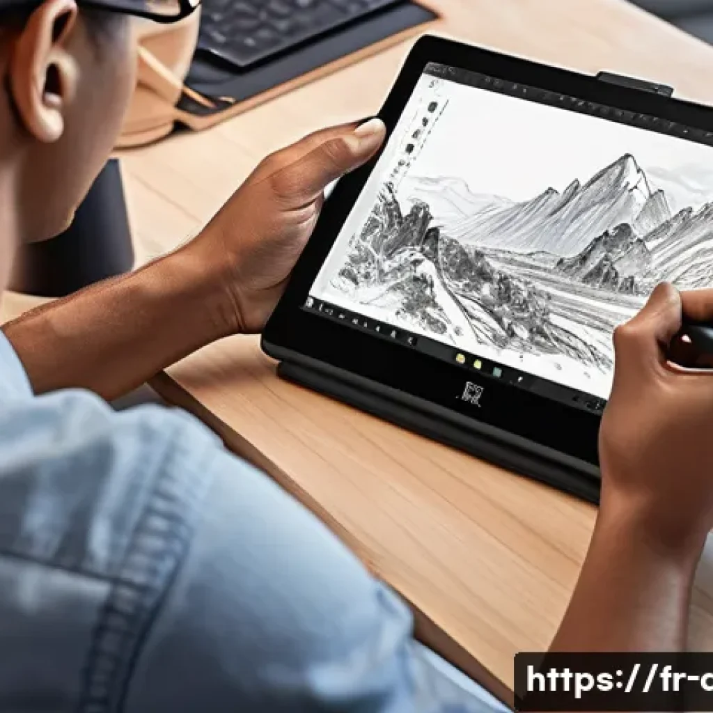 디지털 일러스트 라인아트 디테일 잡기 - A digital artist’s workspace featuring a high-end graphic tablet like a Wacom Intuos, with a stylus ...