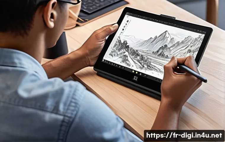 디지털 일러스트 라인아트 디테일 잡기 - A digital artist&rsquo;s workspace featuring a high-end graphic tablet like a Wacom Intuos, with a stylus ...