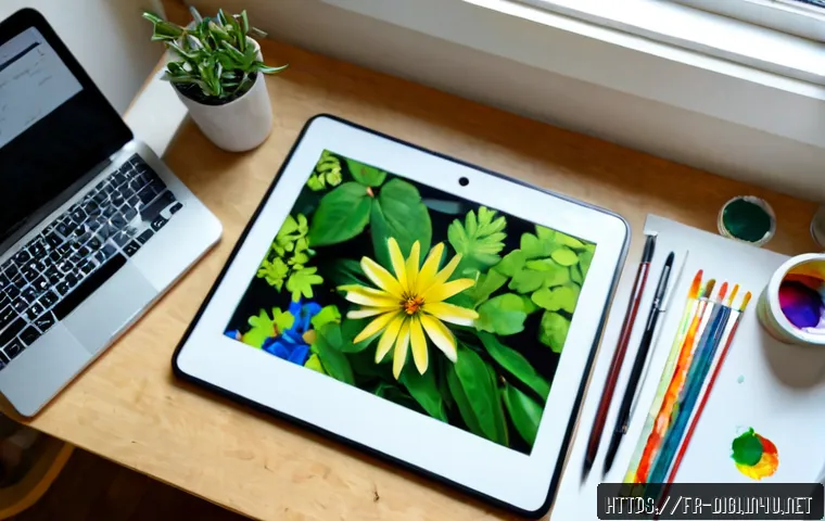 디지털 일러스트 컬러 이론의 실무 적용 - Photorealistic overhead view of a French digital illustrator’s workspace in a bright Paris apartment...