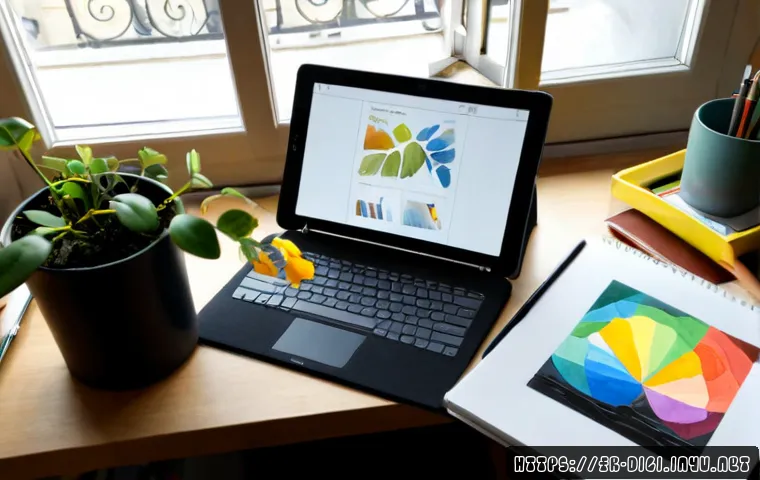 디지털 일러스트 학습 로드맵 - Photorealistic overhead view of a tidy French home studio desk showing a clear digital illustration ...